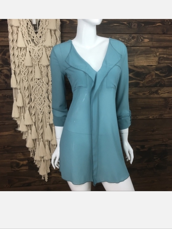 Costa Blanca Dresses & Skirts - Costa Blanca Dusty BlueTeal V-Neck Mini Tunic T Shrt Mesh Dress Size Small